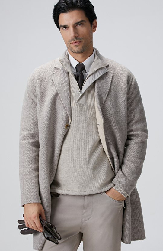 Bej Melanj Yün Karışımlı Dikişsiz Handmade Palto