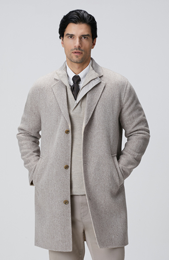 Bej Melanj Yün Karışımlı Dikişsiz Handmade Palto Bej Melanj Yün Karışımlı Dikişsiz Handmade Palto