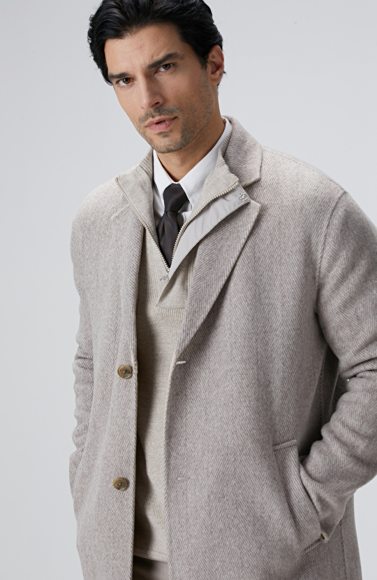 Bej Melanj Yün Karışımlı Dikişsiz Handmade Palto