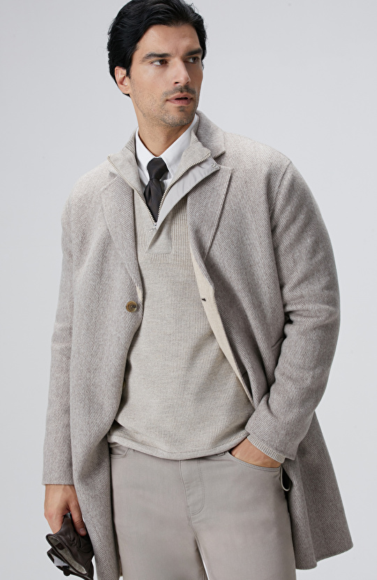 Bej Melanj Yün Karışımlı Dikişsiz Handmade Palto