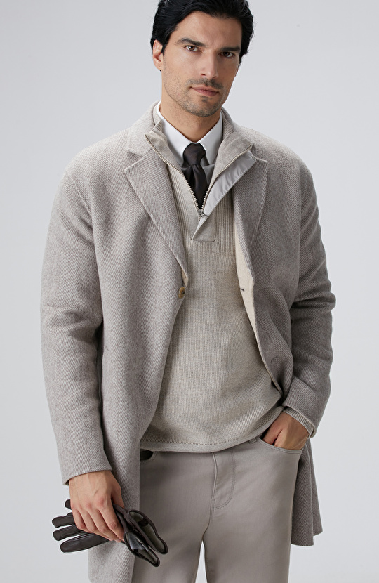 Bej Melanj Yün Karışımlı Dikişsiz Handmade Palto