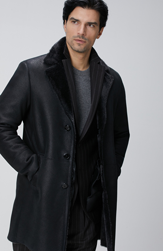 Limited Siyah Yakası Kürklü Deri Kaban