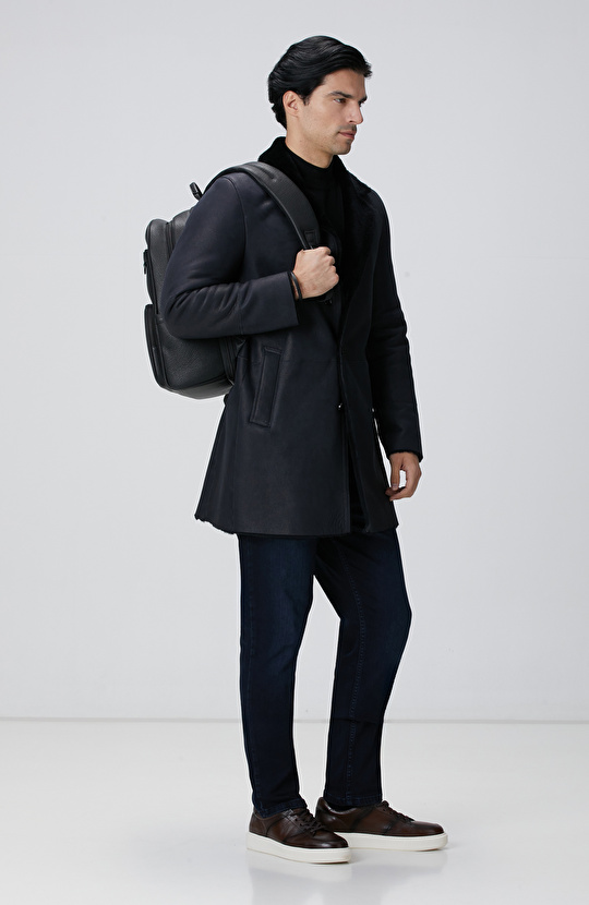 Limited Lacivert Yakası Kürklü Deri Kaban