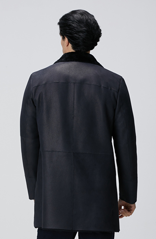 Limited Lacivert Yakası Kürklü Deri Kaban