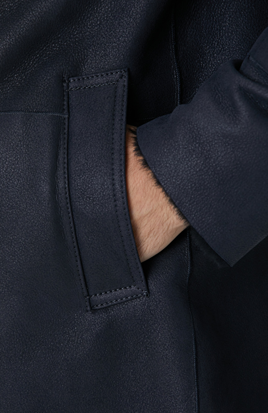 Limited Lacivert Yakası Kürklü Deri Kaban