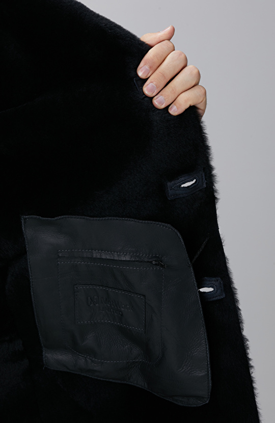 Limited Lacivert Yakası Kürklü Deri Kaban