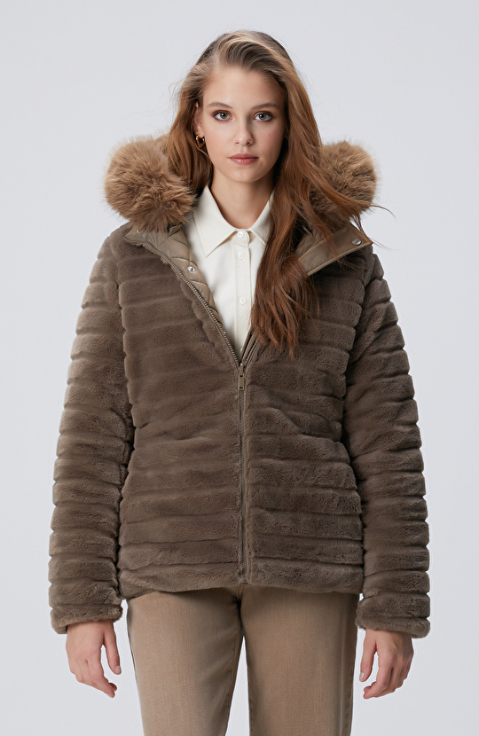 Koyu Bej Çift Taraflı Kapüşonlu Mont