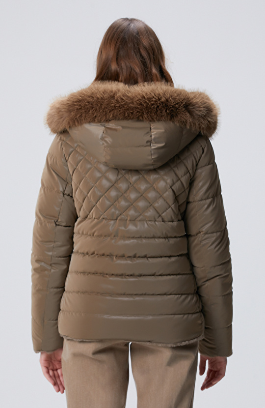 Koyu Bej Çift Taraflı Kapüşonlu Mont