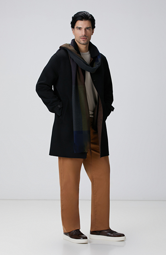 Siyah Yün Karışımlı Dikişsiz Handmade Palto