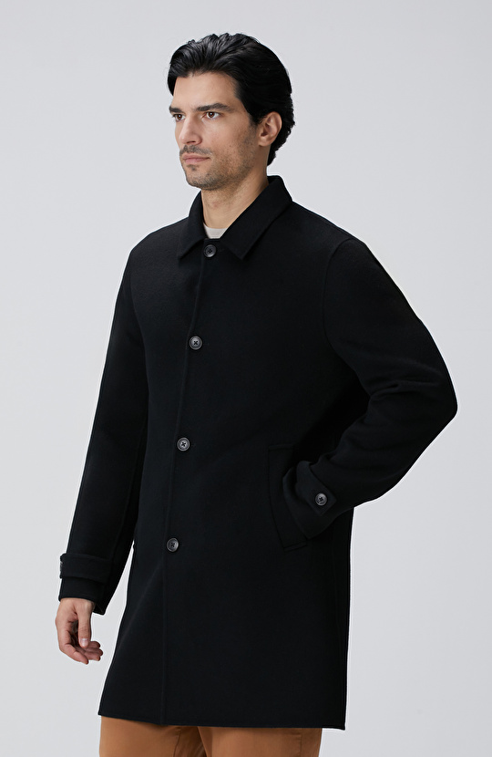 Siyah Yün Karışımlı Dikişsiz Handmade Palto