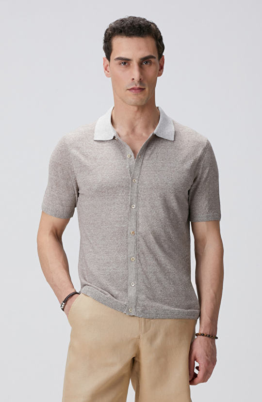 Bej Melanj Keten Karışımlı Triko Gömlek