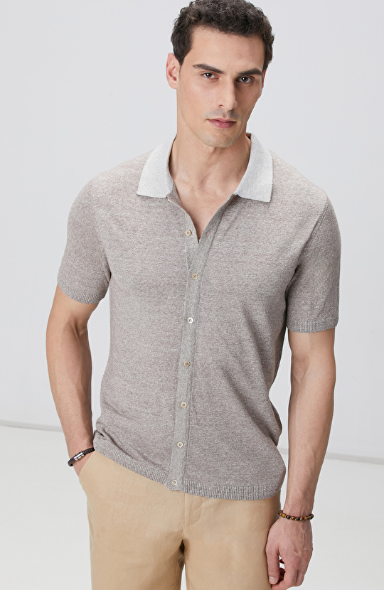 Bej Melanj Keten Karışımlı Triko Gömlek