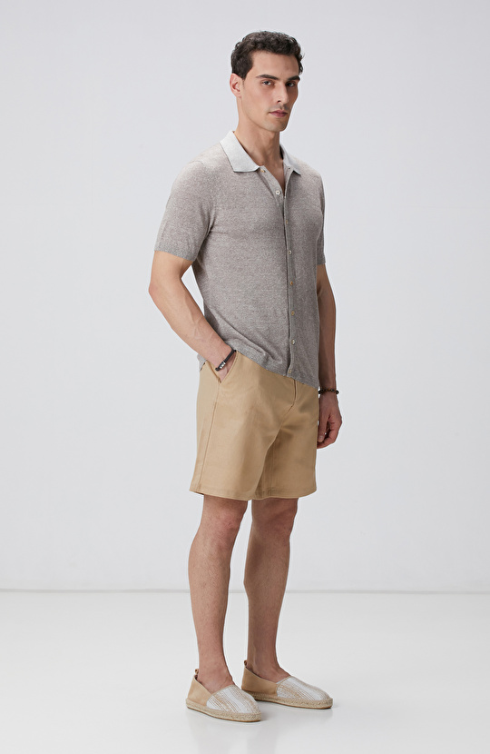 Bej Melanj Keten Karışımlı Triko Gömlek