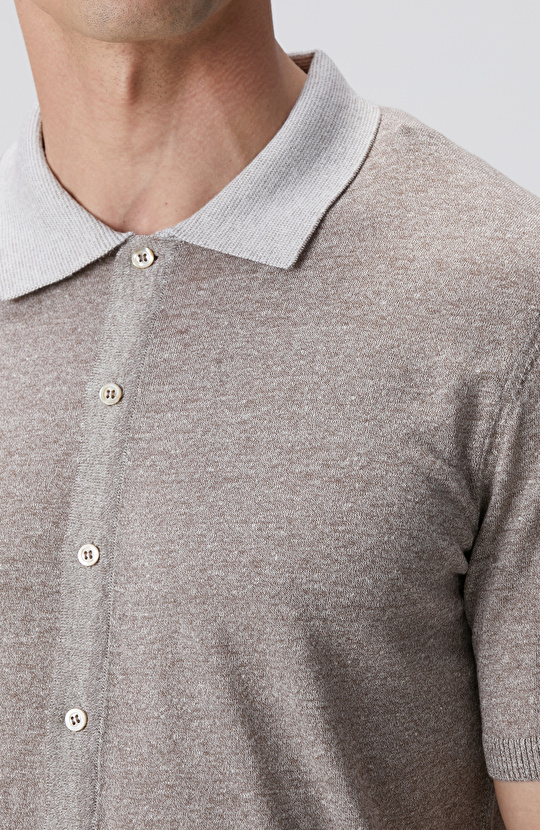 Bej Melanj Keten Karışımlı Triko Gömlek