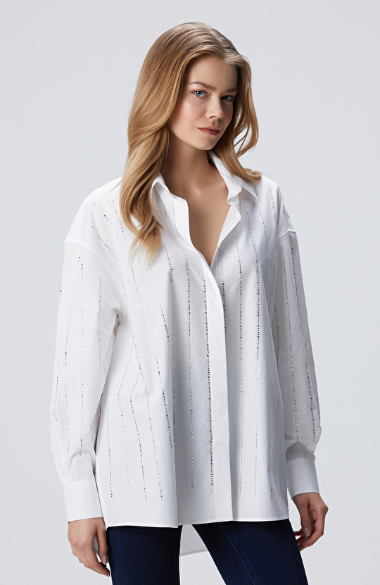 Beyaz Taş Baskılı Gömlek