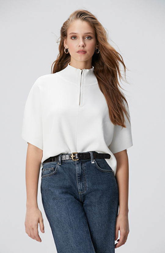 Kırık Beyaz Bol Form Basic Triko Kazak