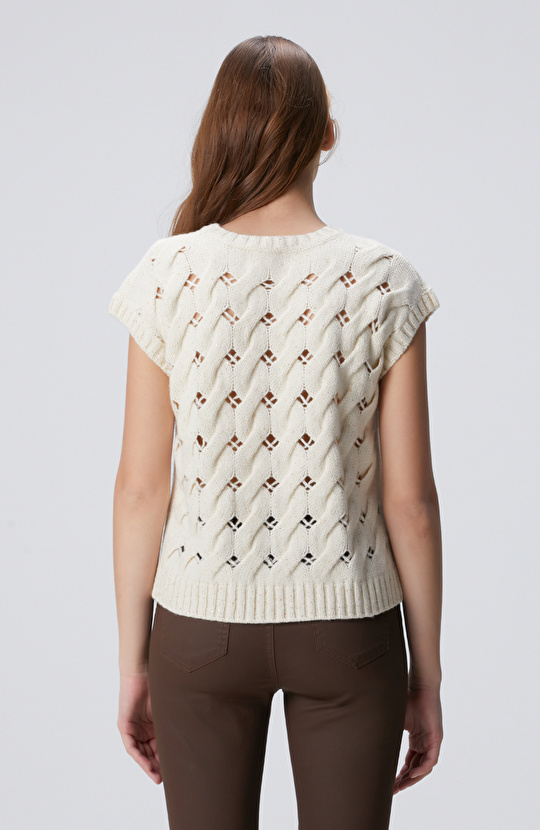 Kırık Beyaz Yün Karışımlı Saç Örgü Kazak