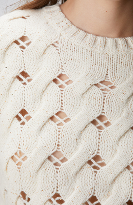 Kırık Beyaz Yün Karışımlı Saç Örgü Kazak