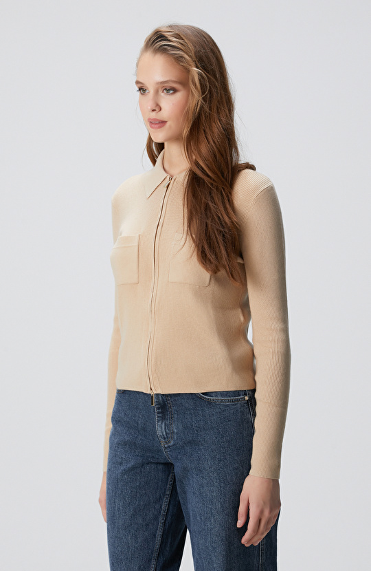 Bej Yün Karışımlı Fermuarlı Triko Kazak