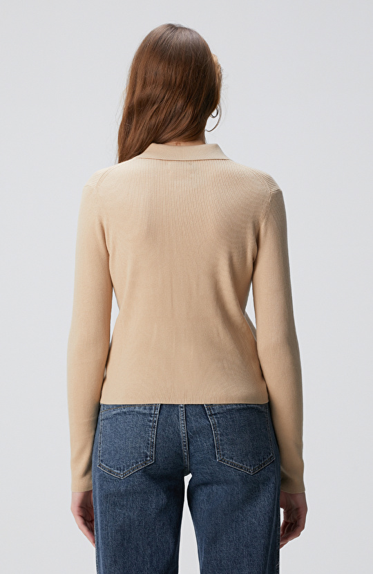 Bej Yün Karışımlı Fermuarlı Triko Kazak