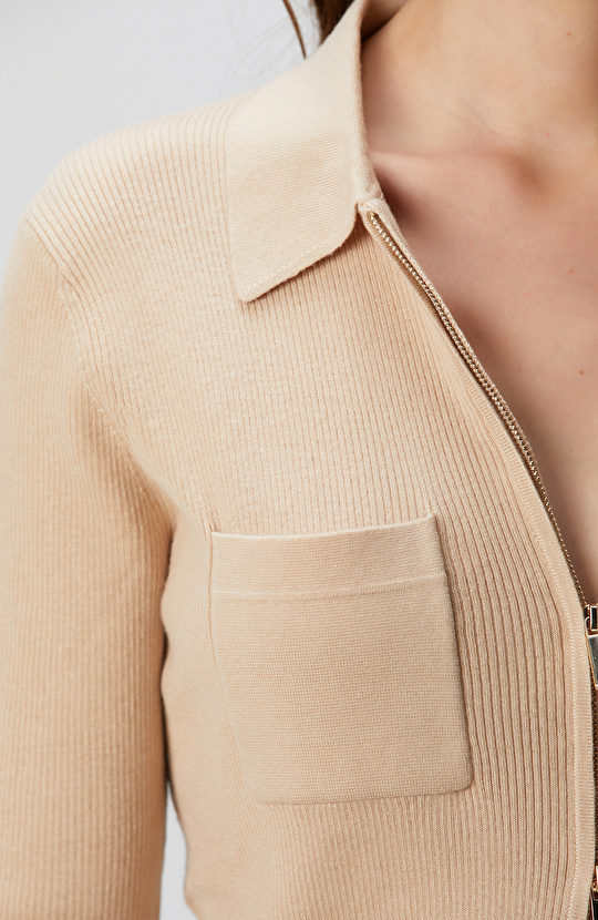 Bej Yün Karışımlı Fermuarlı Triko Kazak