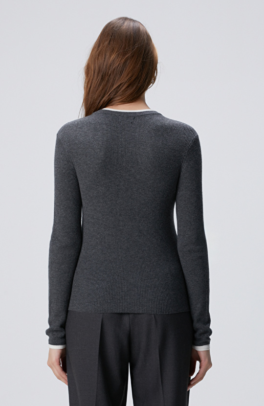 Gri Melanj Çift Renkli Kazak