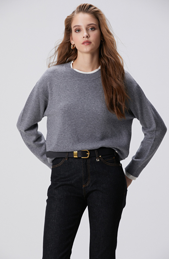 Açık Gri Melanj Yün Karışımlı Oversize Triko Kazak