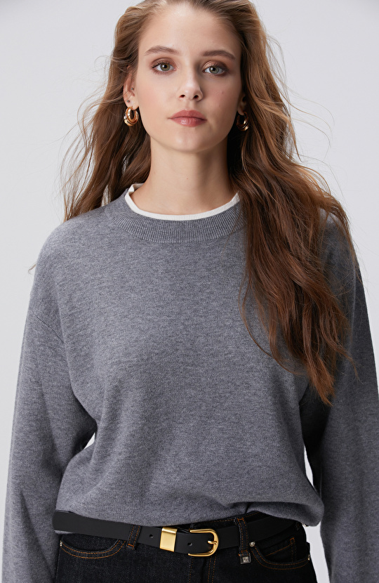 Açık Gri Melanj Yün Karışımlı Oversize Triko Kazak