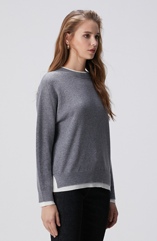 Açık Gri Melanj Yün Karışımlı Oversize Triko Kazak