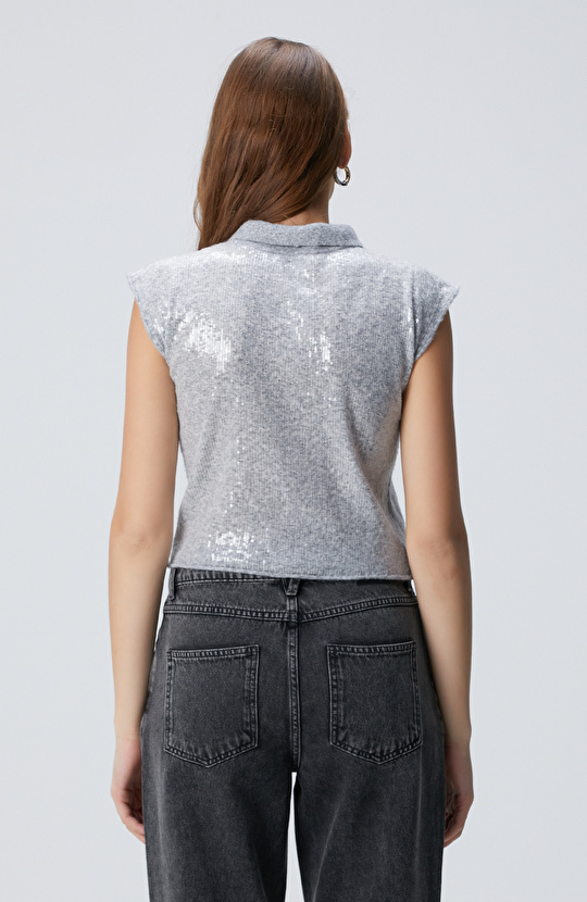 Açık Gri Melanj Payetli Triko Kazak