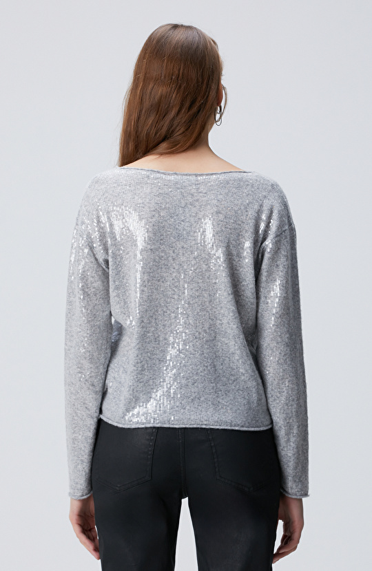 Açık Gri Melanj Payetli Hırka