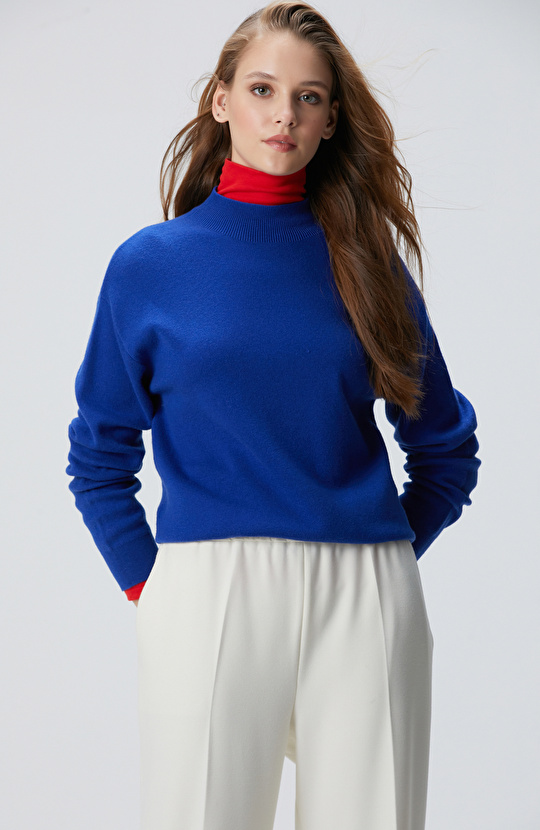 Mavi Yün Karışımlı Triko Kazak