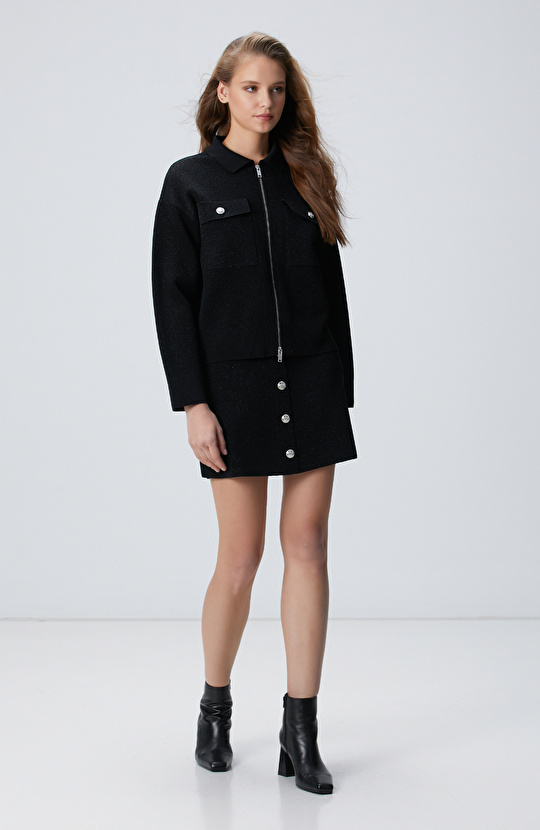 Siyah Simli Mini Triko Etek