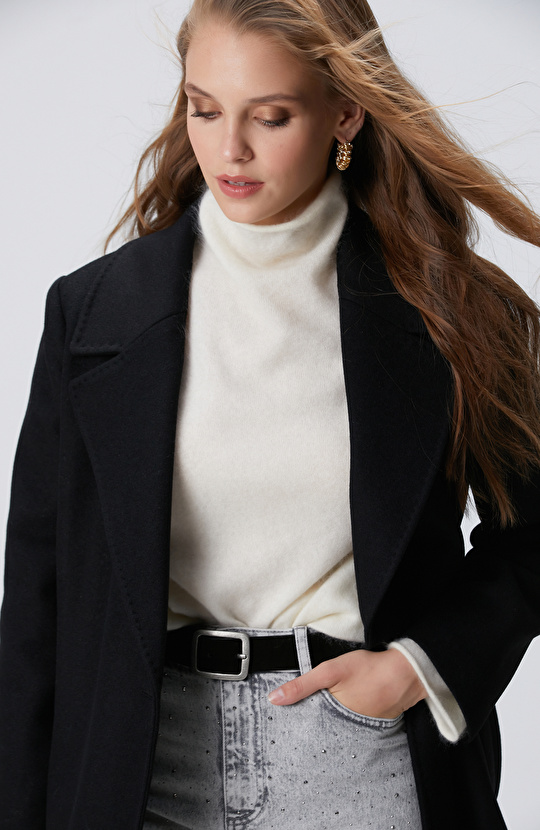 Siyah Kaşmir ve Yün Karışımlı Palto