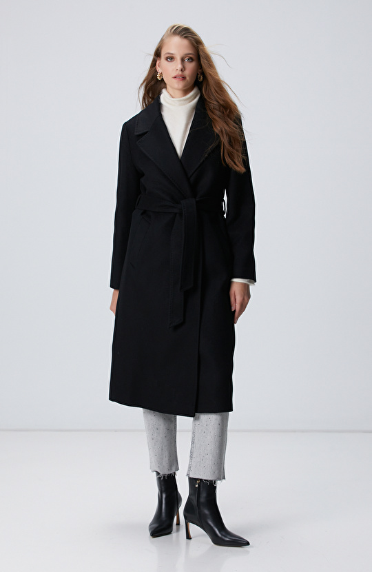 Siyah Kaşmir ve Yün Karışımlı Palto
