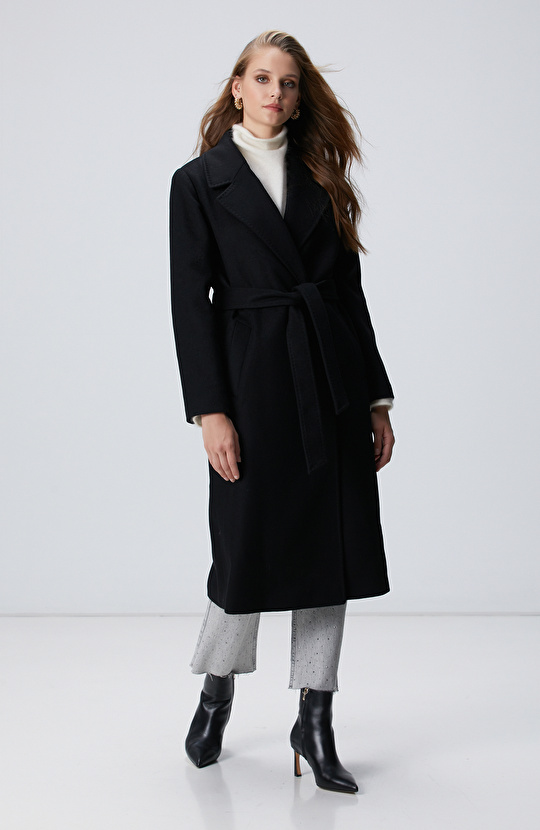 Siyah Kaşmir ve Yün Karışımlı Palto