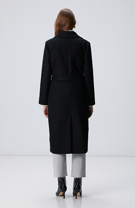 Siyah Kaşmir ve Yün Karışımlı Palto
