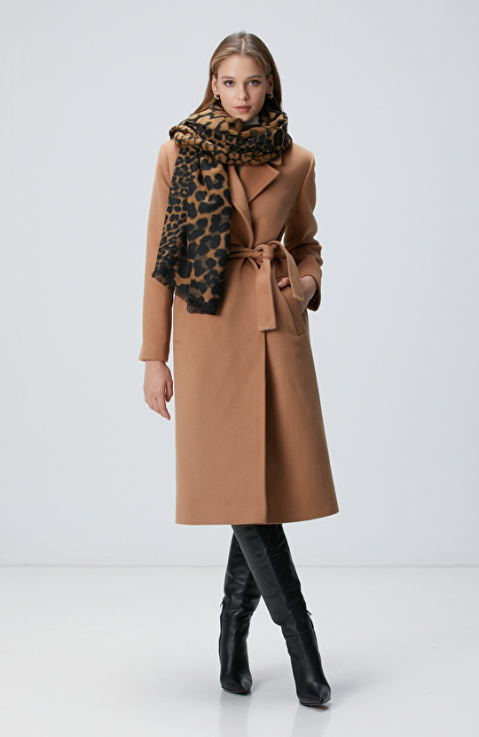 Camel Kaşmir ve Yün Karışımlı Palto