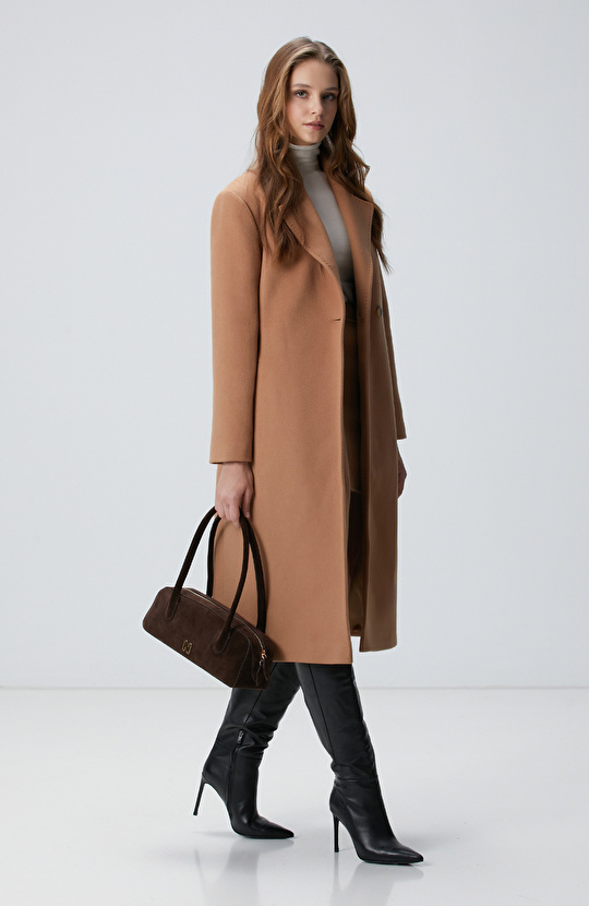 Camel Kaşmir ve Yün Karışımlı Palto