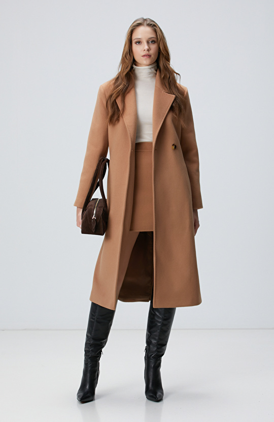 Camel Kaşmir ve Yün Karışımlı Palto