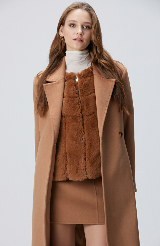Camel Kaşmir ve Yün Karışımlı Palto