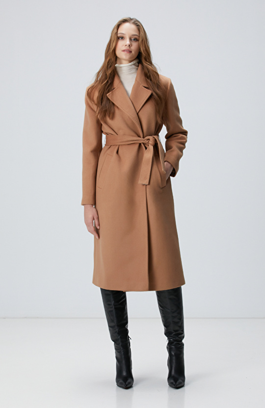 Camel Kaşmir ve Yün Karışımlı Palto