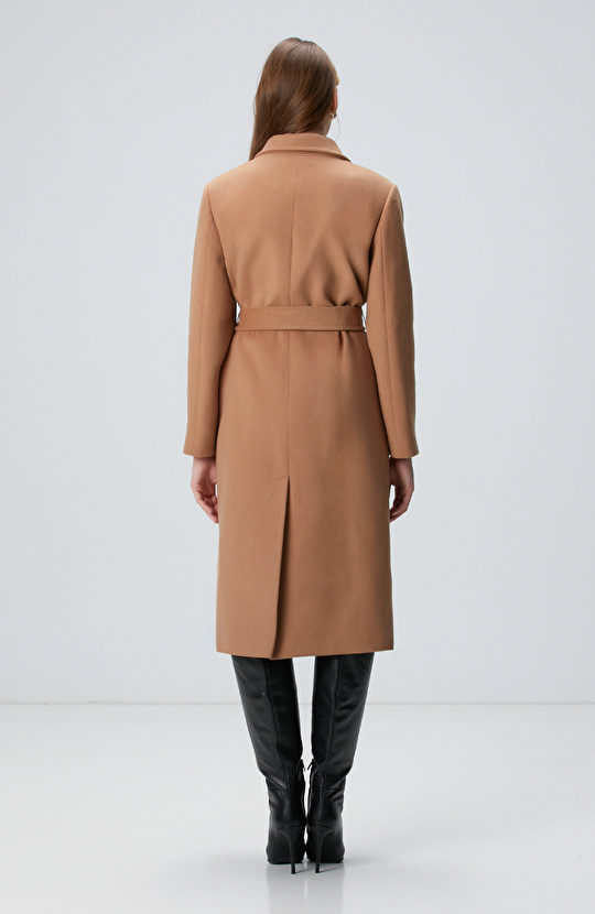 Camel Kaşmir ve Yün Karışımlı Palto