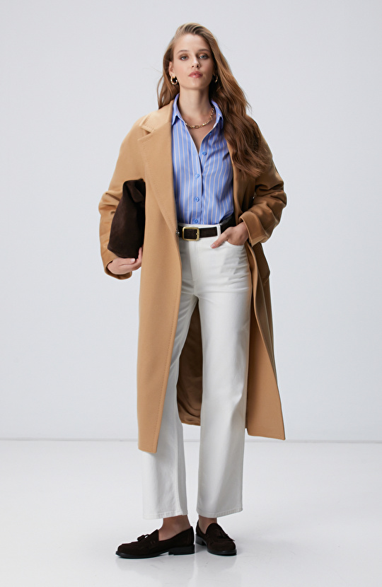 Mavi Bej Çizgili Non-Iron Gömlek