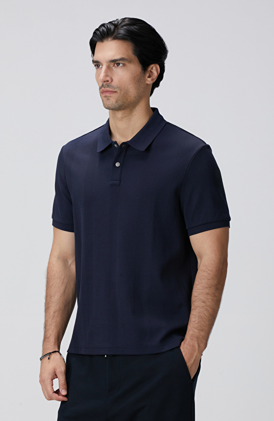 Lacivert Waffle Dokulu T-shirt