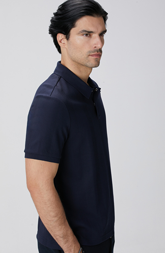 Lacivert Waffle Dokulu T-shirt