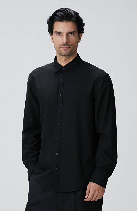 Siyah Yün Karışımlı Gömlek