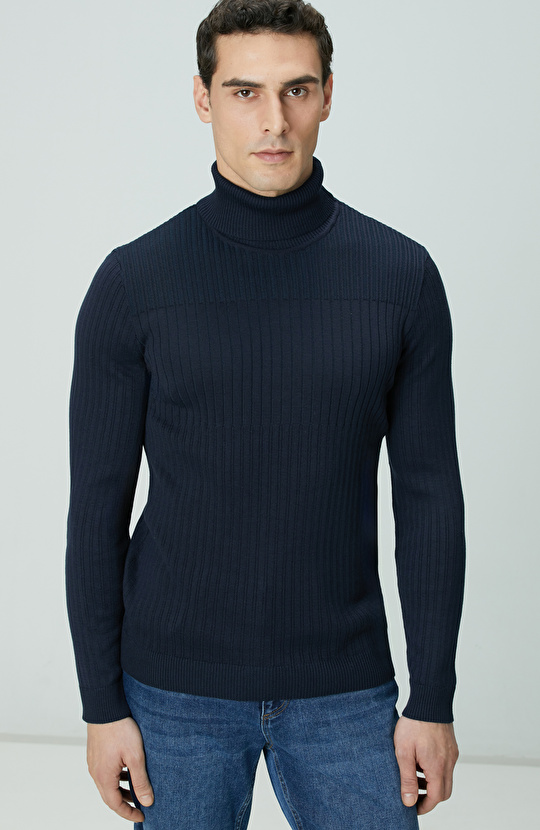 Lacivert Balıkçı Yaka Triko Kazak