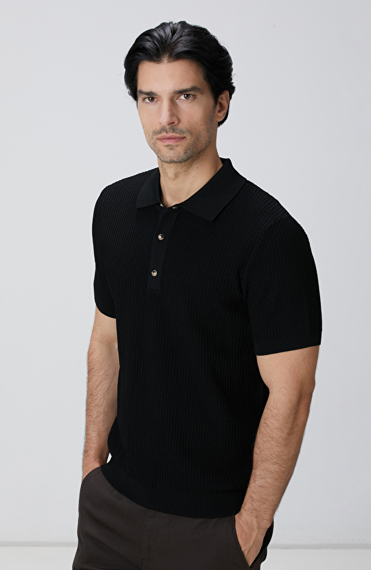 Siyah Polo Yaka Düğmeli Triko Kazak