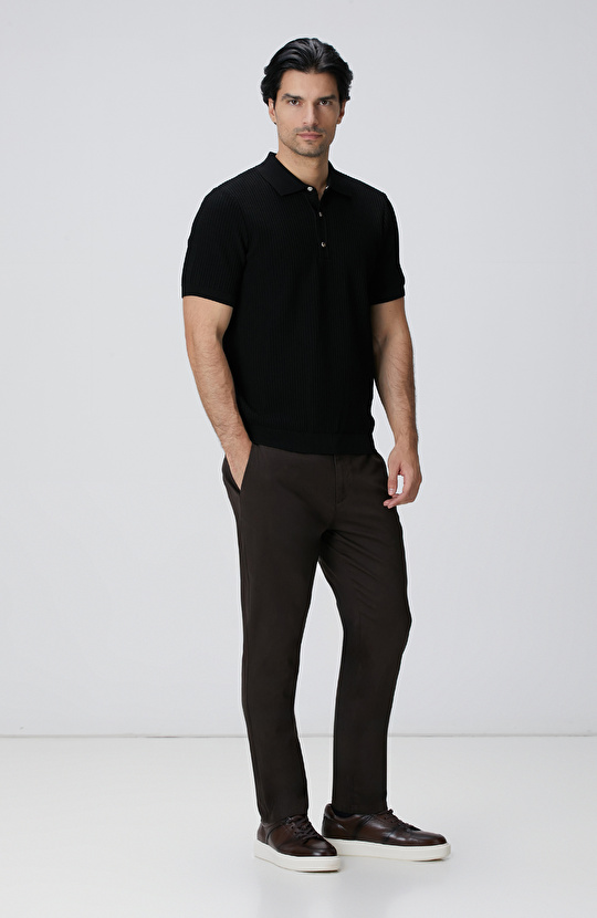 Siyah Polo Yaka Düğmeli Triko Kazak